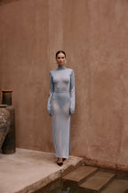 Ruched Knit Maxi Skirt (Light Blue)