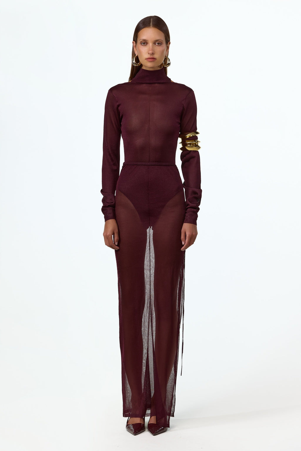 Ruched Knit Maxi Skirt (Merlot)