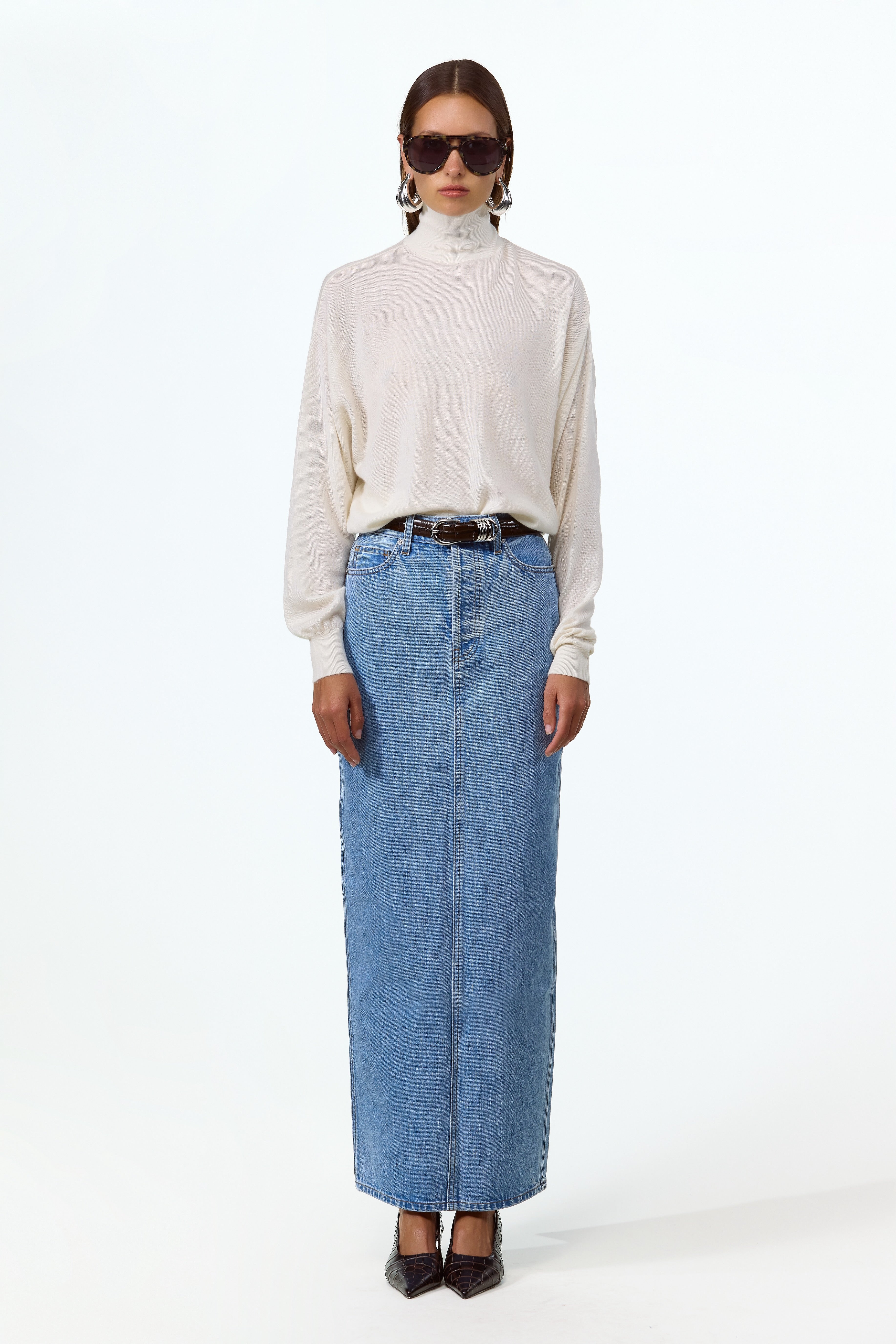 The Denim Pencil Maxi Skirt (Classic Blue)