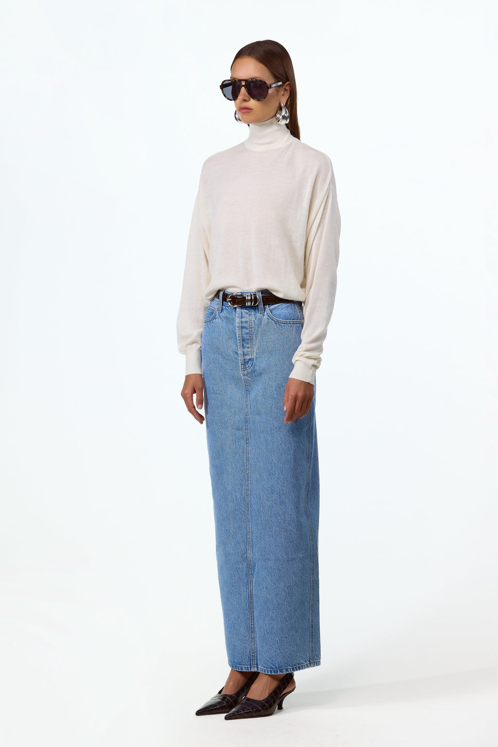 The Denim Pencil Maxi Skirt (Classic Blue)