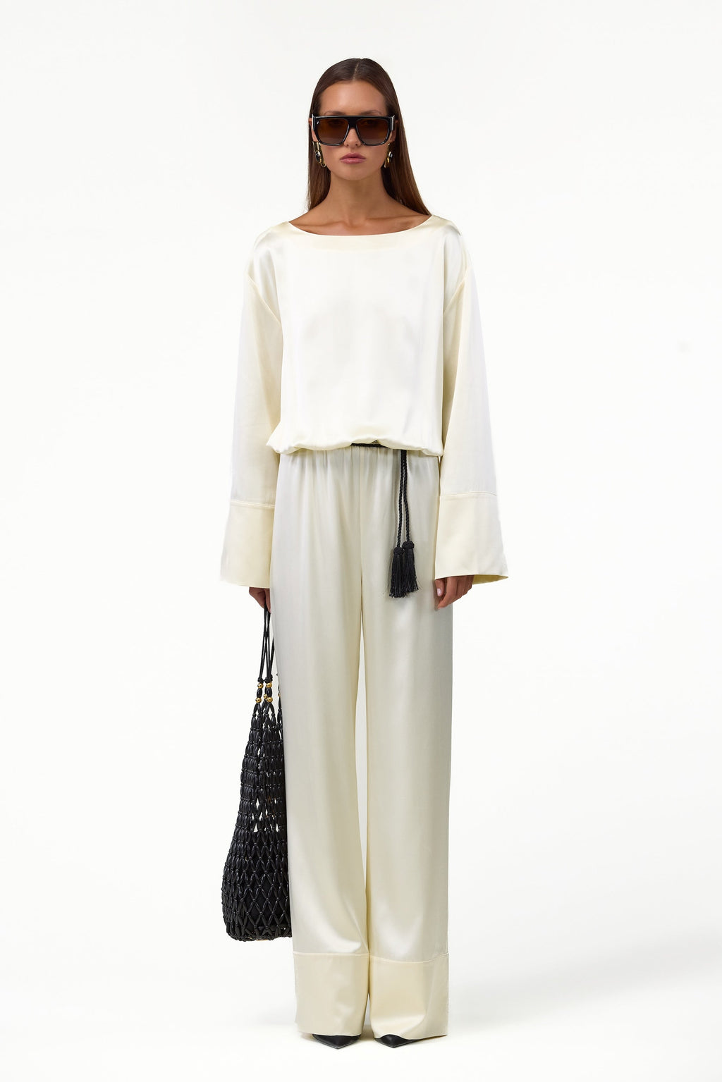 Long Sleeve Silk Jumpsuit (Cream)