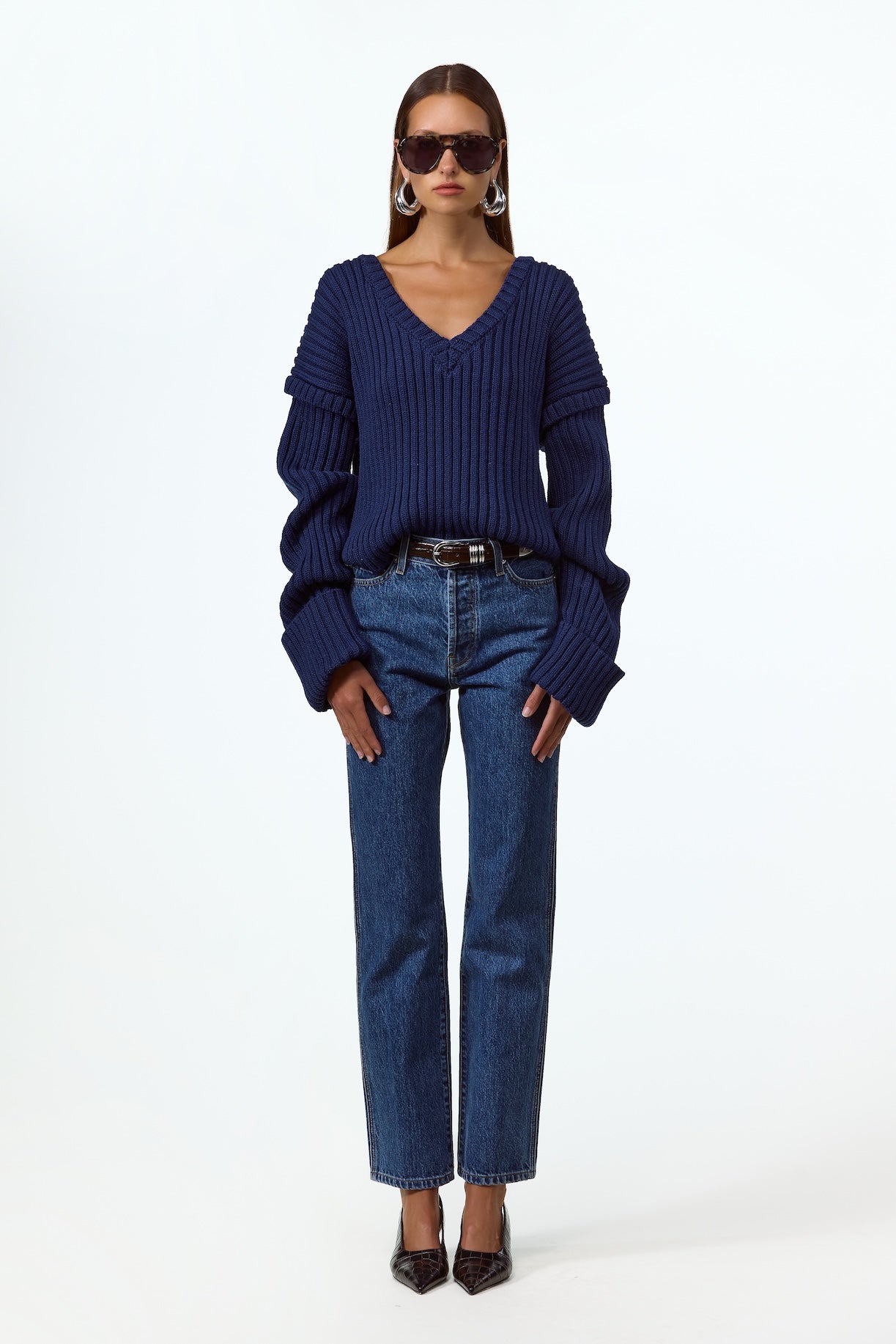 Oversized V Neck Sweater (Navy)