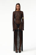 Long Sleeve Fringe Knit Maxi Dress (Black)