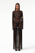 Long Sleeve Fringe Knit Maxi Dress (Black)