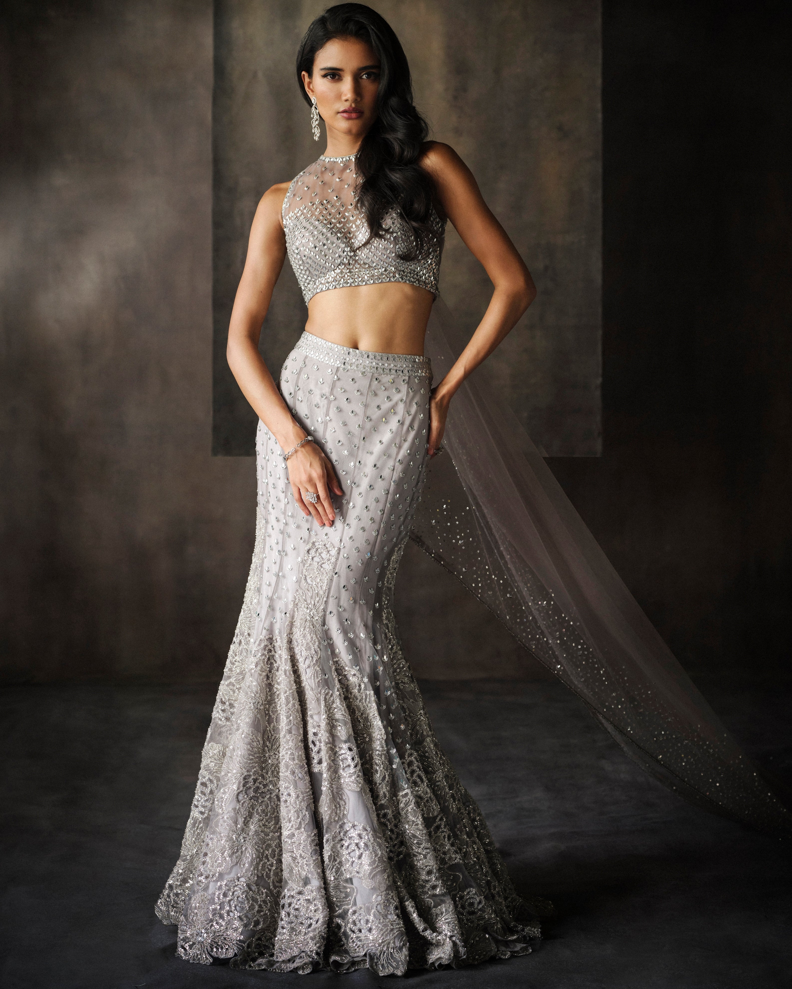 Grey Fish Cut Cutwork Lehenga By KYNAH, Luxury Indian Fashion & Bridal Wear