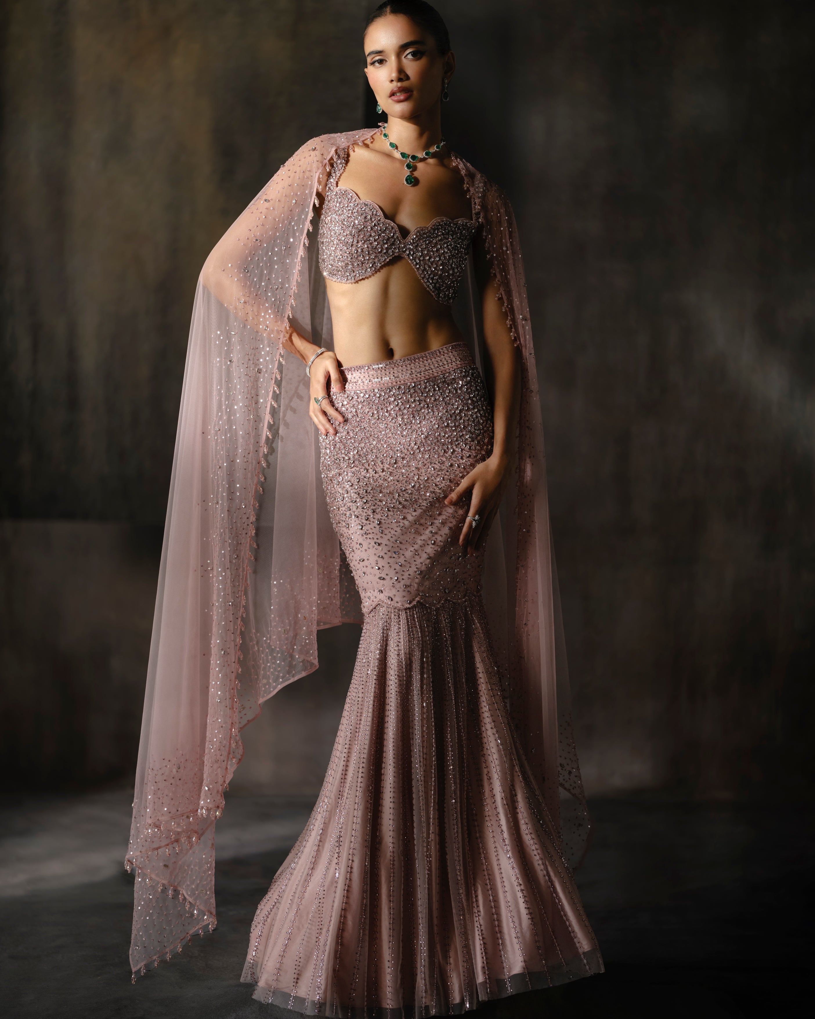 Rose Pink Fish Cut Lehenga By KYNAH, Luxury Indian Fashion & Bridal Wear