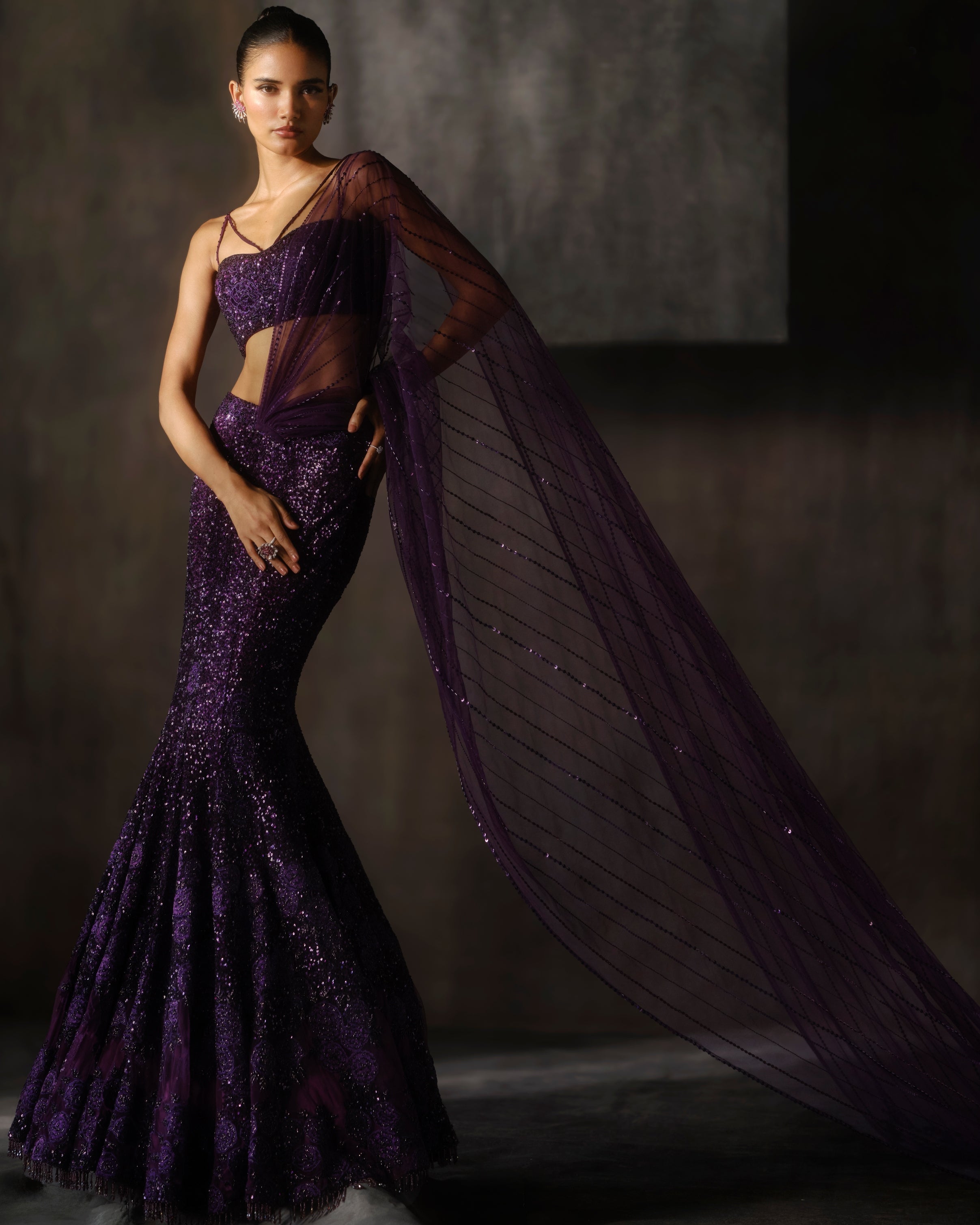 Wine Fish Cut Lehenga By KYNAH, Luxury Indian Fashion & Bridal Wear