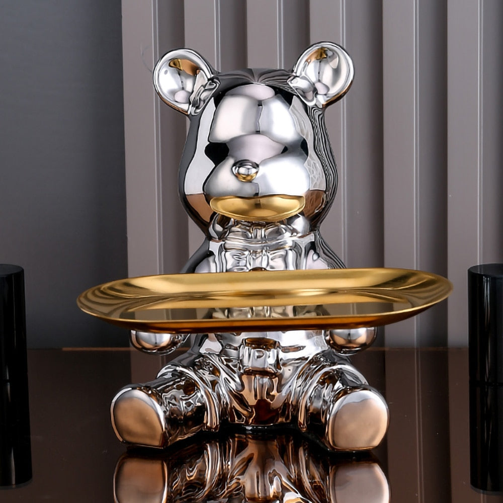 ArtZ® Ceramic Bear Sculpture Tray And Piggy Bank - Silver Tray Down