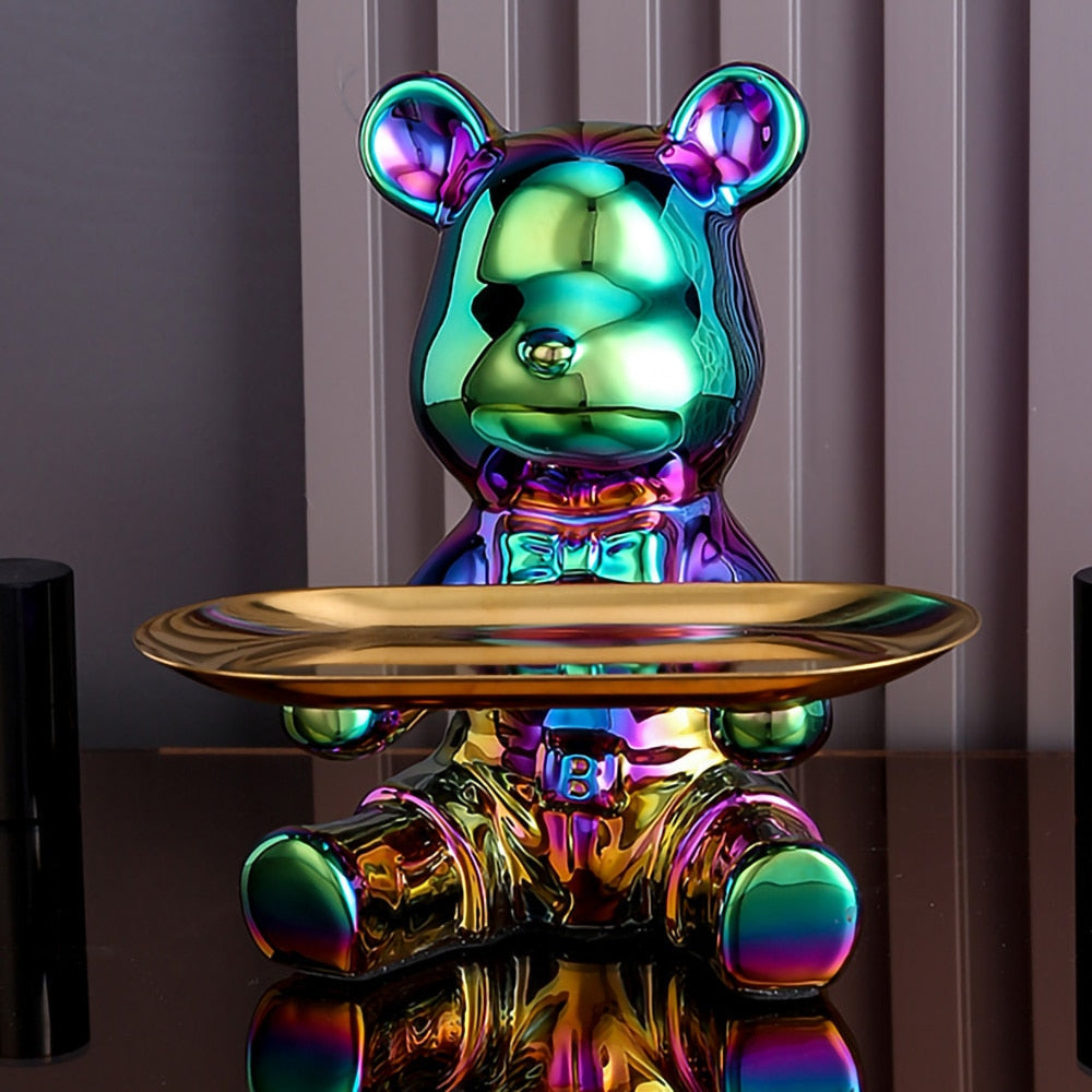 ArtZ® Ceramic Bear Sculpture Tray And Piggy Bank - Multi Color Tray Down