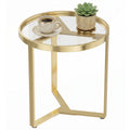 Round Side Table with Tempered Glass Top & Geometric Metal Frame for Small Spaces, Gold Tone