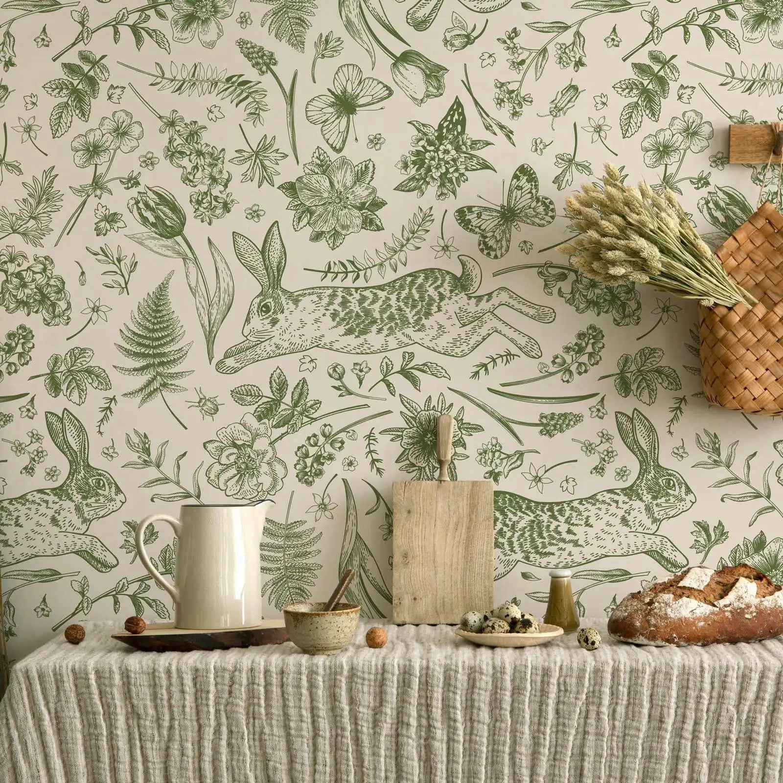 Vintage Botanical Rabbit Forest Wallpaper