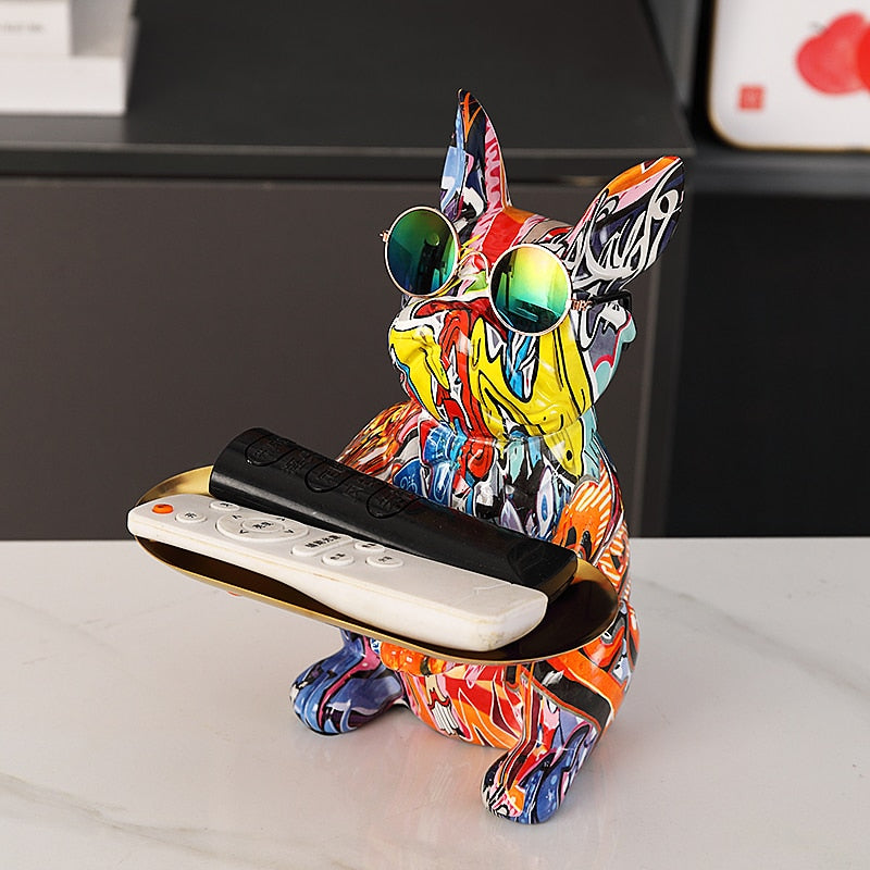 ArtZ® French Bulldog Graffiti Painted Sculpture Table Tray With Piggy Bank