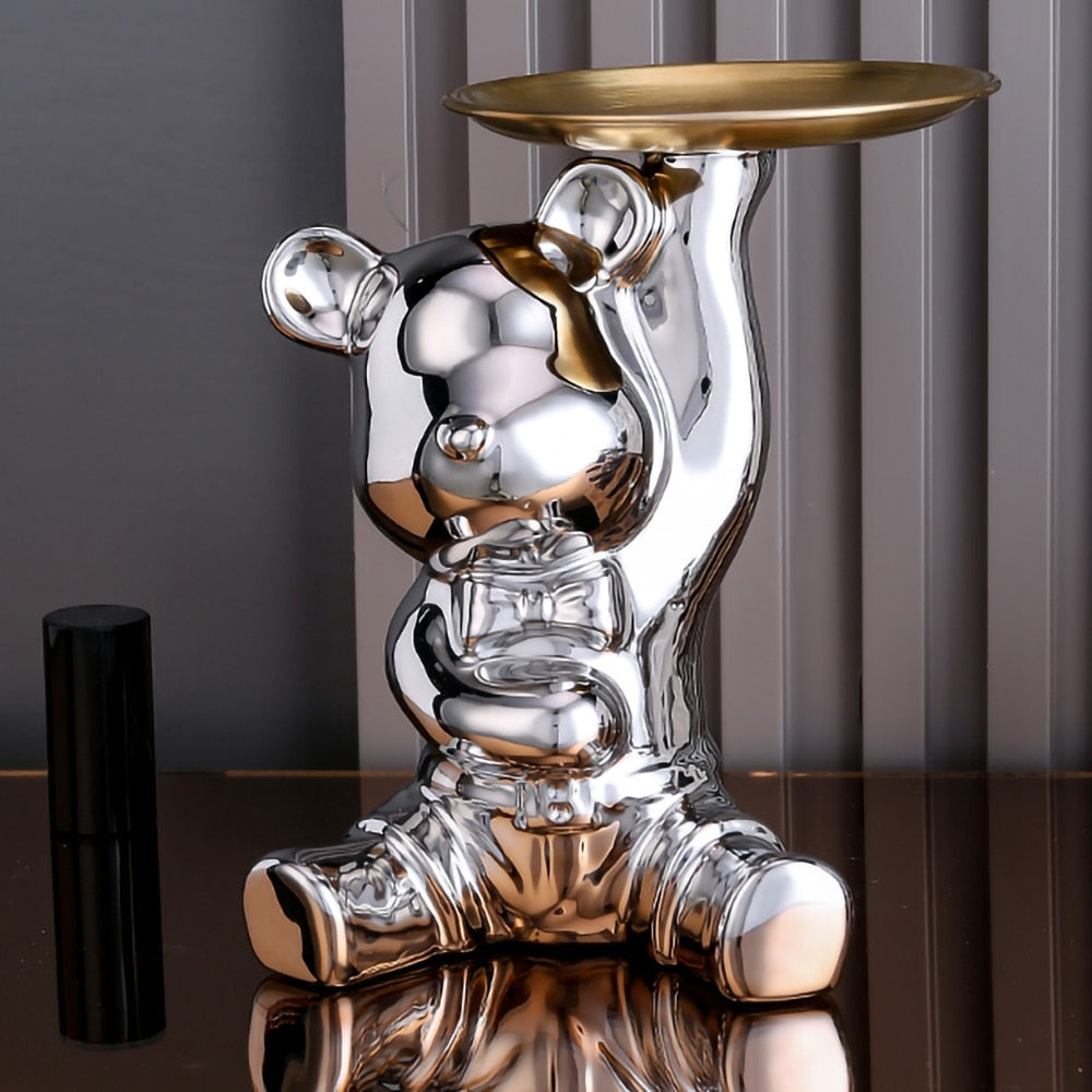ArtZ® Ceramic Bear Sculpture Tray And Piggy Bank - Silver Tray Up