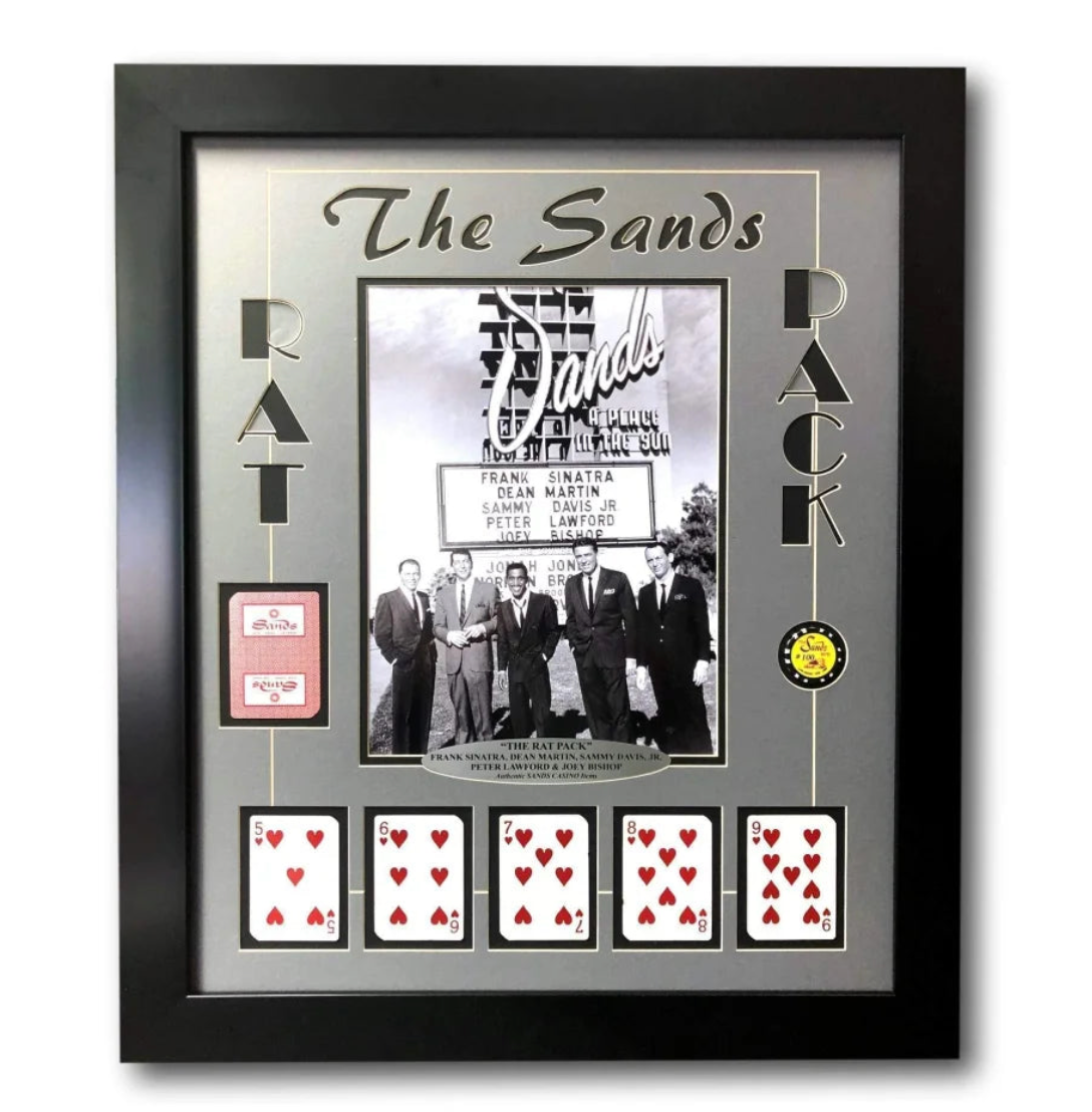 Rat Pack Vegas Collage W/ Authentic Sands Playing Cards Framed Sign