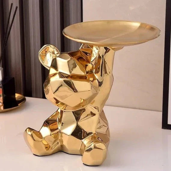 ArtZ® Ceramic Geometric Bear Sculpture Tray And Piggy Bank - Gold Tray Up