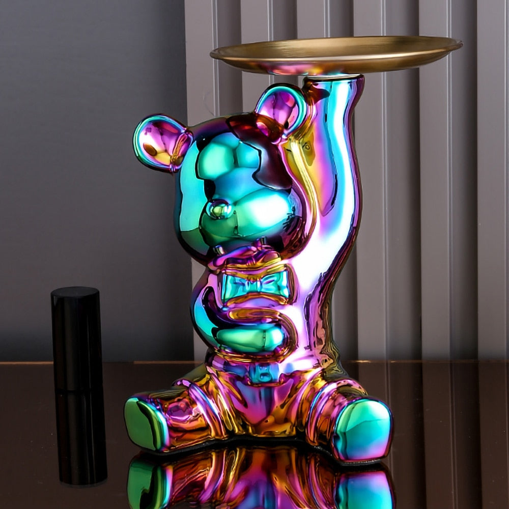 ArtZ® Ceramic Bear Sculpture Tray And Piggy Bank - Multi Color Tray Up