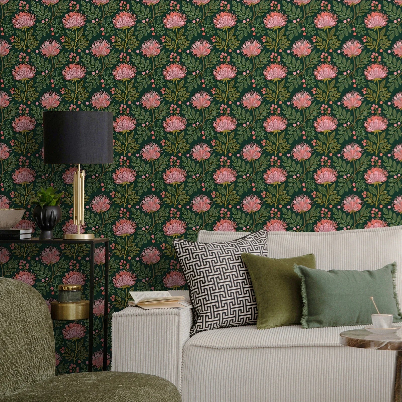 Blush Blooms & Emerald Botanical Wallpaper