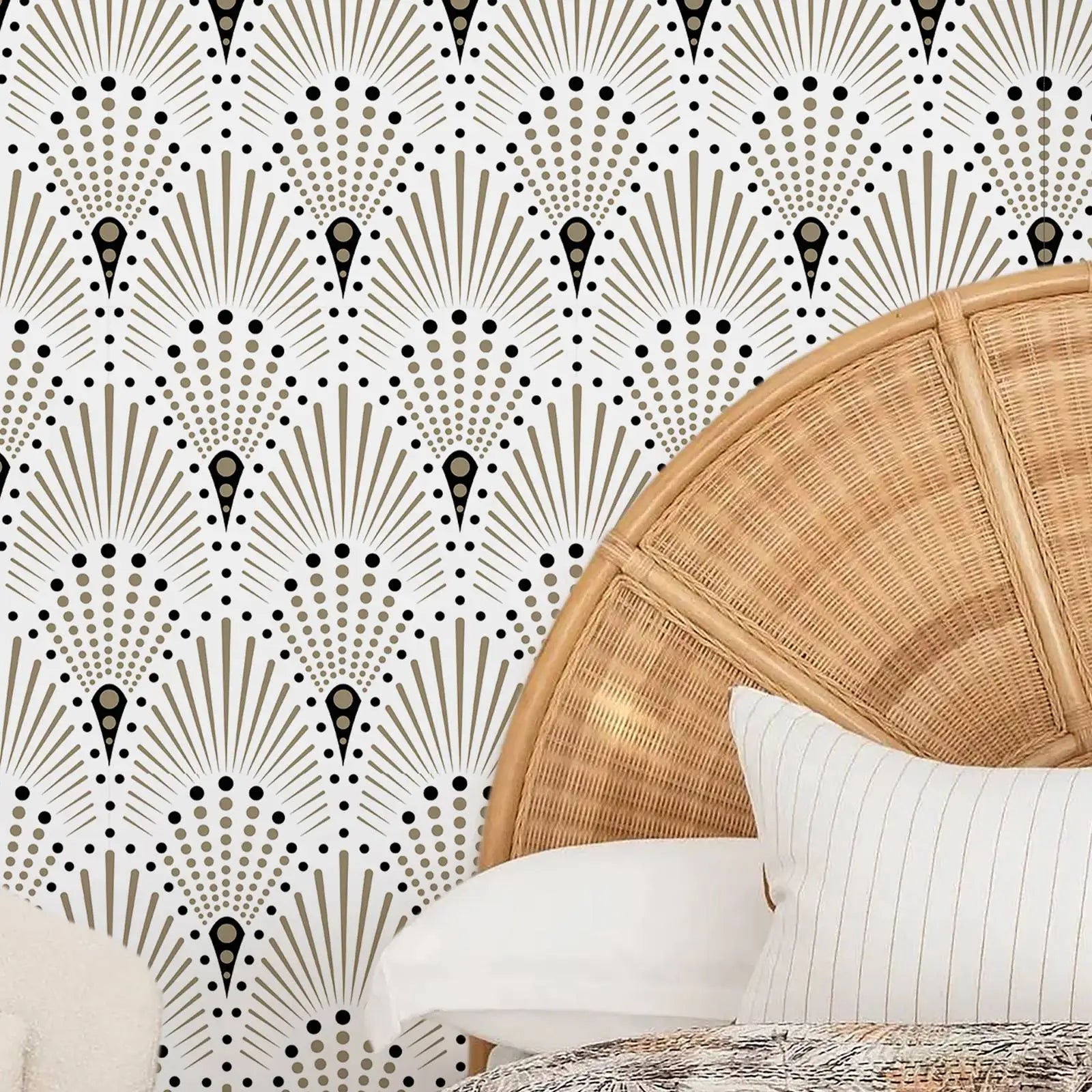 Art Deco Shells Black and White Wallpaper