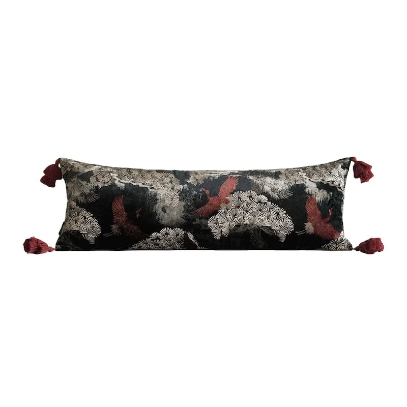 Crimson Crane Velvet Embroidered Throw Pillow