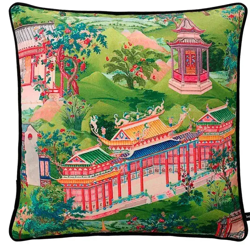 Chinese Pagoda Garden Printed Velvet Throw Pillow Cover