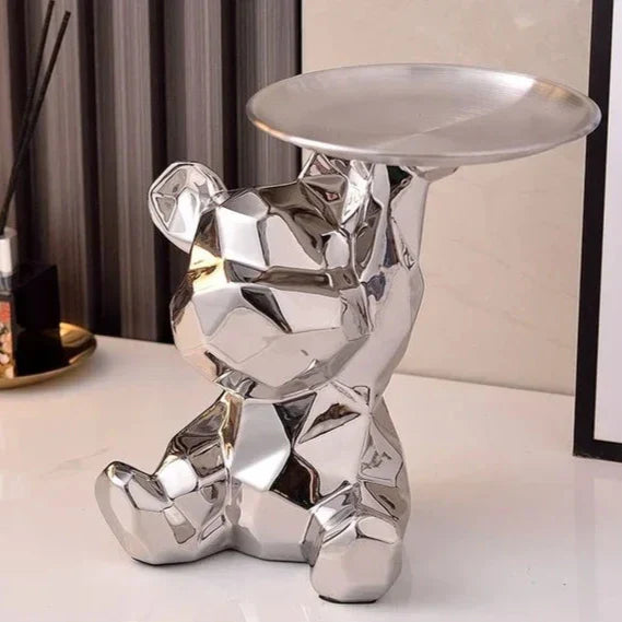 ArtZ® Ceramic Geometric Bear Sculpture Tray And Piggy Bank - Silver Tray Up