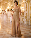Off Shoulder Gold Gown By KYNAH, Luxury Indian Fashion & Bridal Wear