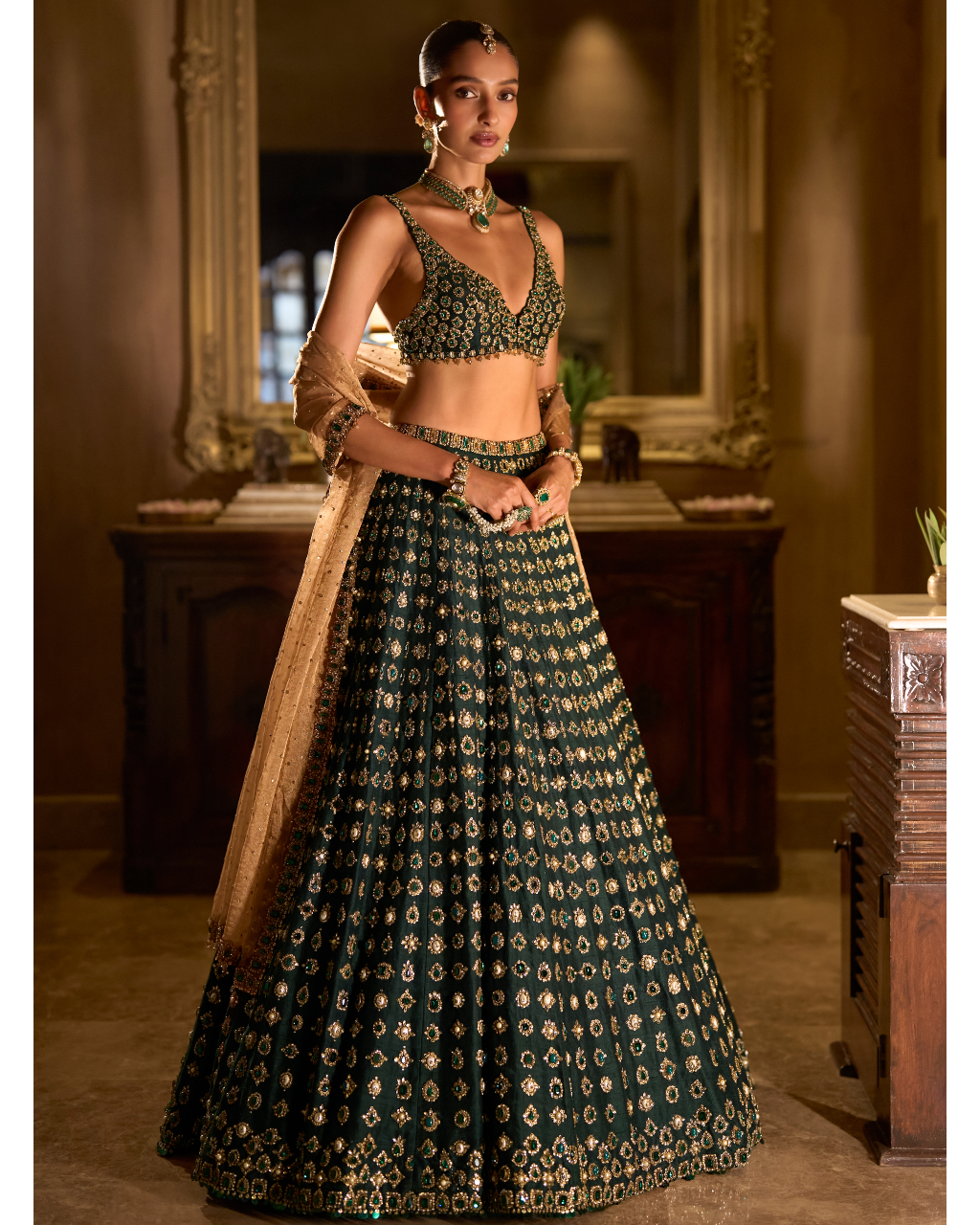 Emerald Stone Zardosi Lehenga By KYNAH, Luxury Indian Fashion & Bridal Wear