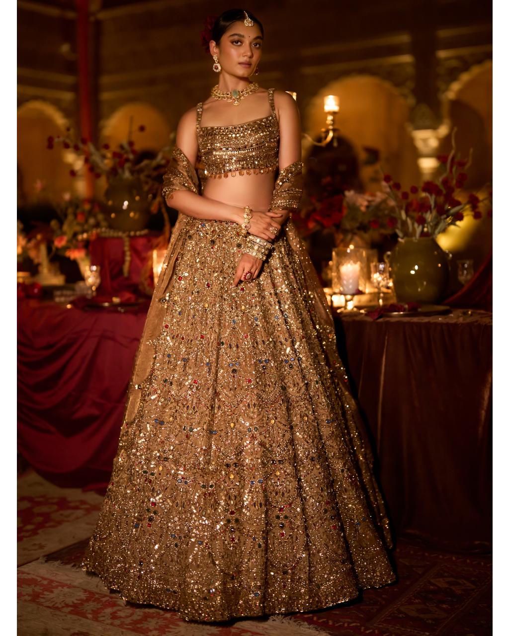Antique Gold Scalloped Lehenga Set By KYNAH, Luxury Indian Fashion & Bridal Wear