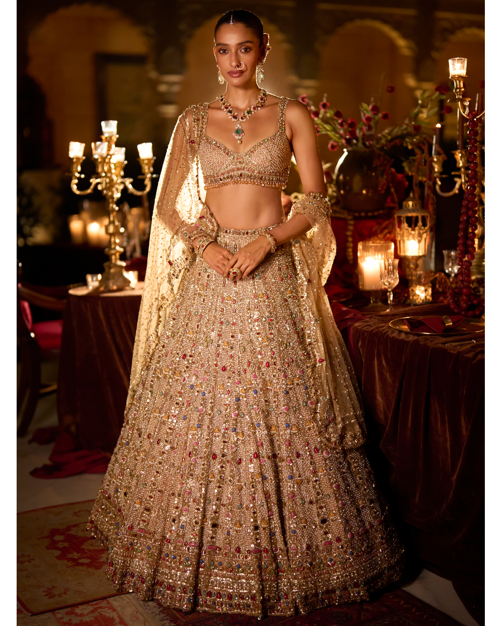 Multi-Coloured Stone & Pearl Lehenga Set By KYNAH, Luxury Indian Fashion & Bridal Wear