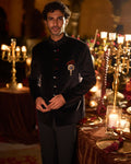 Black Velvet Bandhgala Set By KYNAH, Luxury Indian Fashion & Bridal Wear