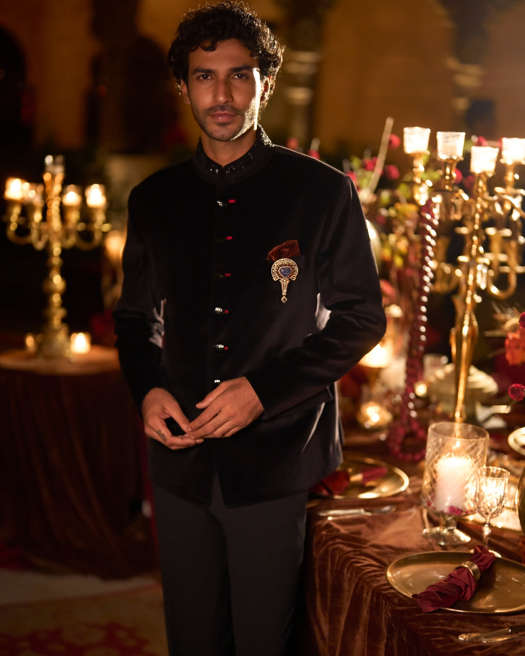 Black Velvet Bandhgala Set By KYNAH, Luxury Indian Fashion & Bridal Wear