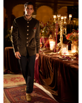 Olive Green Velvet Bandhgala Set By KYNAH, Luxury Indian Fashion & Bridal Wear
