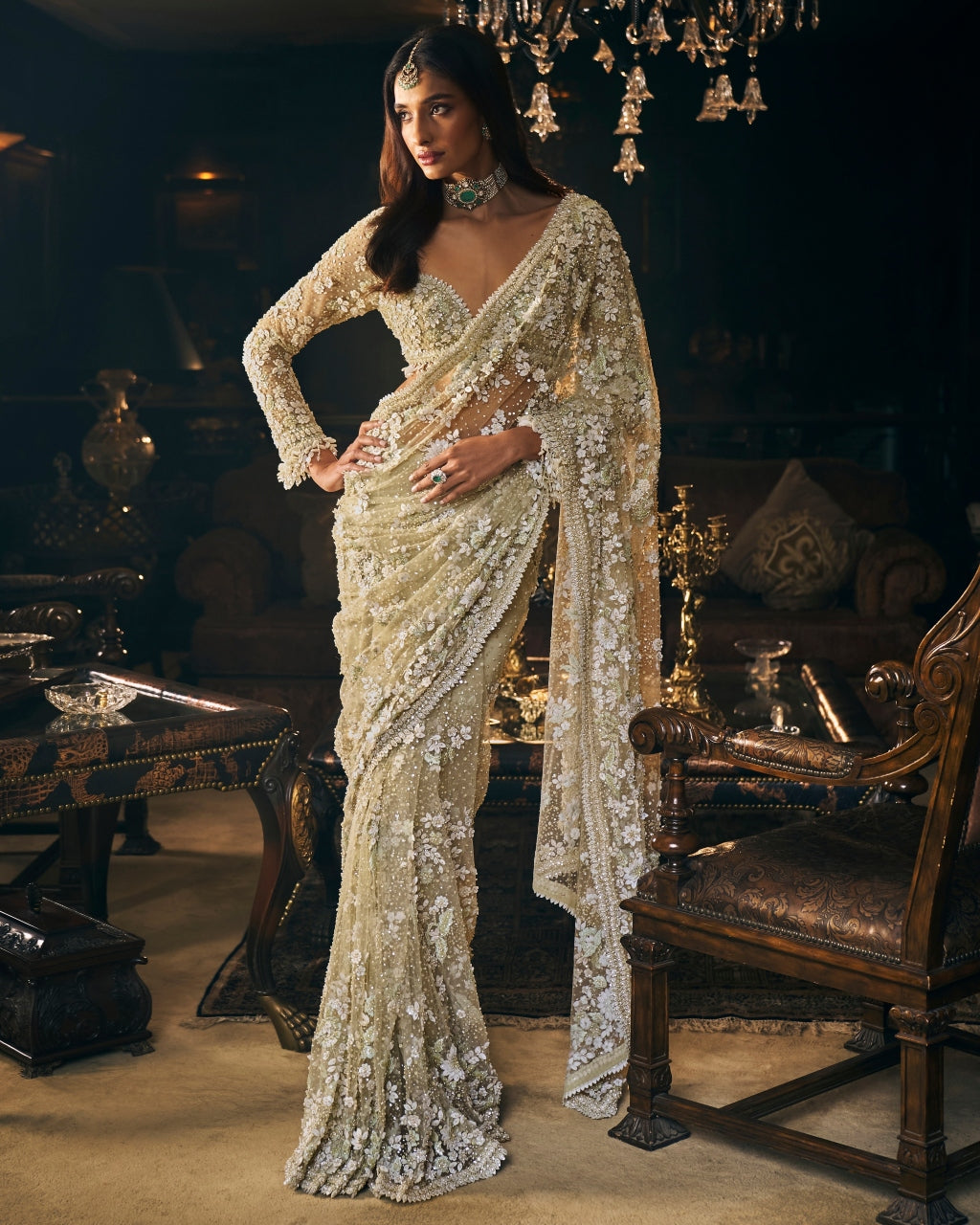 Sage Green Three-Dimensional Sari Set By KYNAH, Luxury Indian Fashion & Bridal Wear