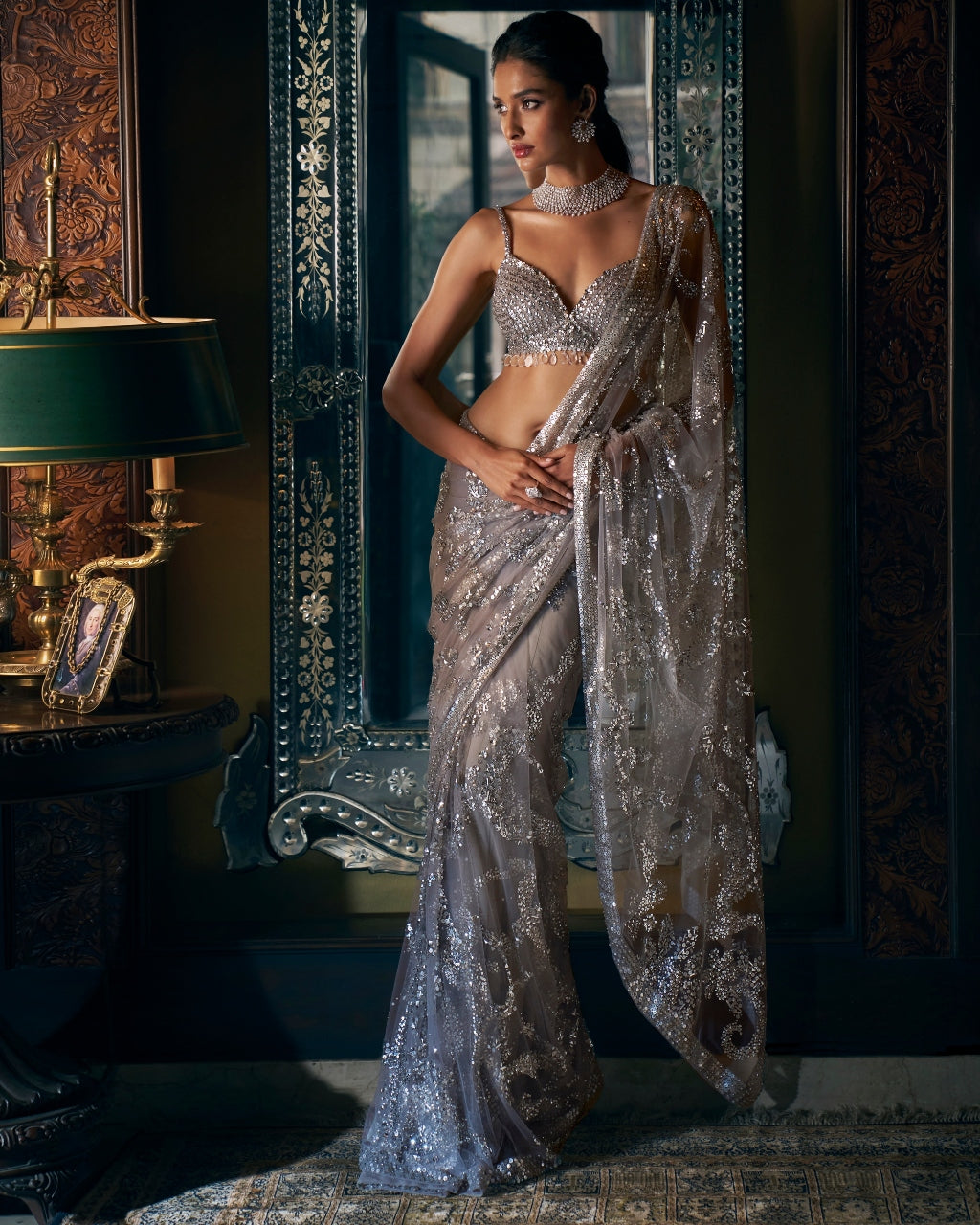 Steel Grey Sequin Sari Set By KYNAH, Luxury Indian Fashion & Bridal Wear