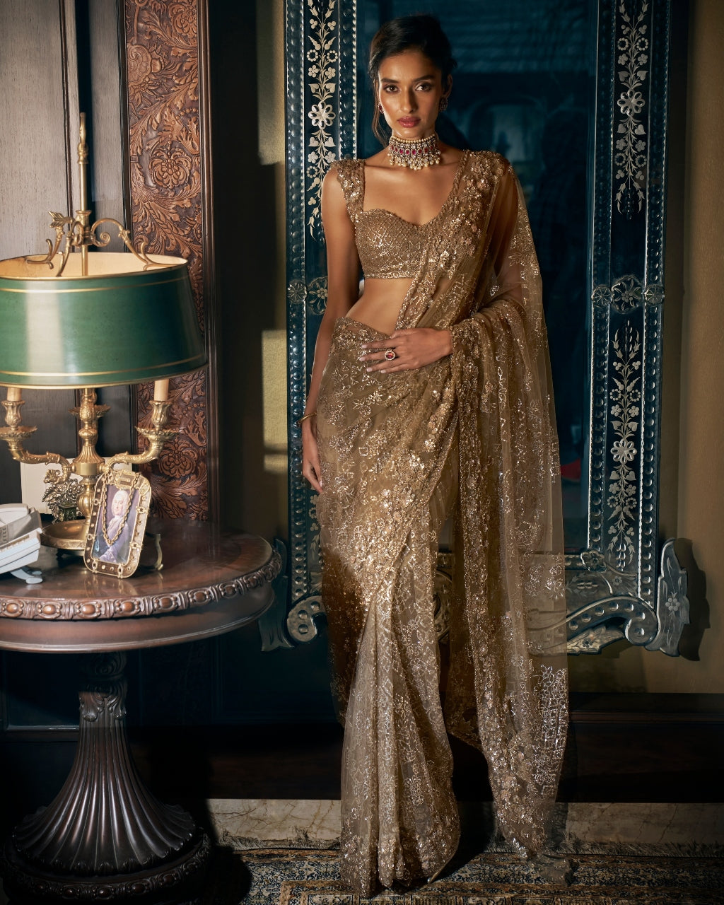 Antique Gold Sequin Sari Set By KYNAH, Luxury Indian Fashion & Bridal Wear