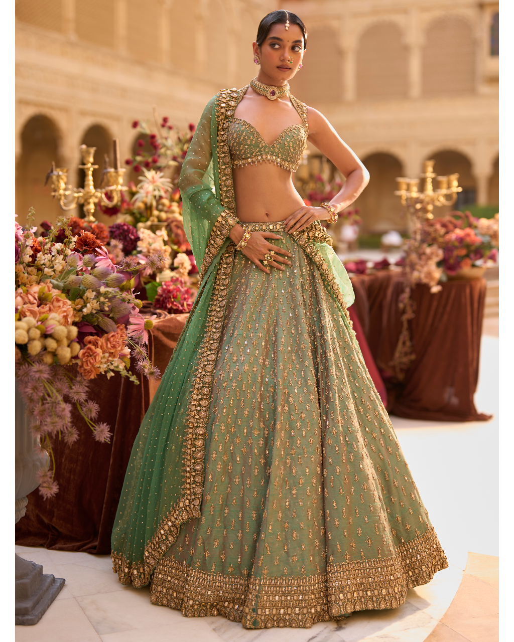 Green Gold Zardosi Lehenga Set By KYNAH, Luxury Indian Fashion & Bridal Wear