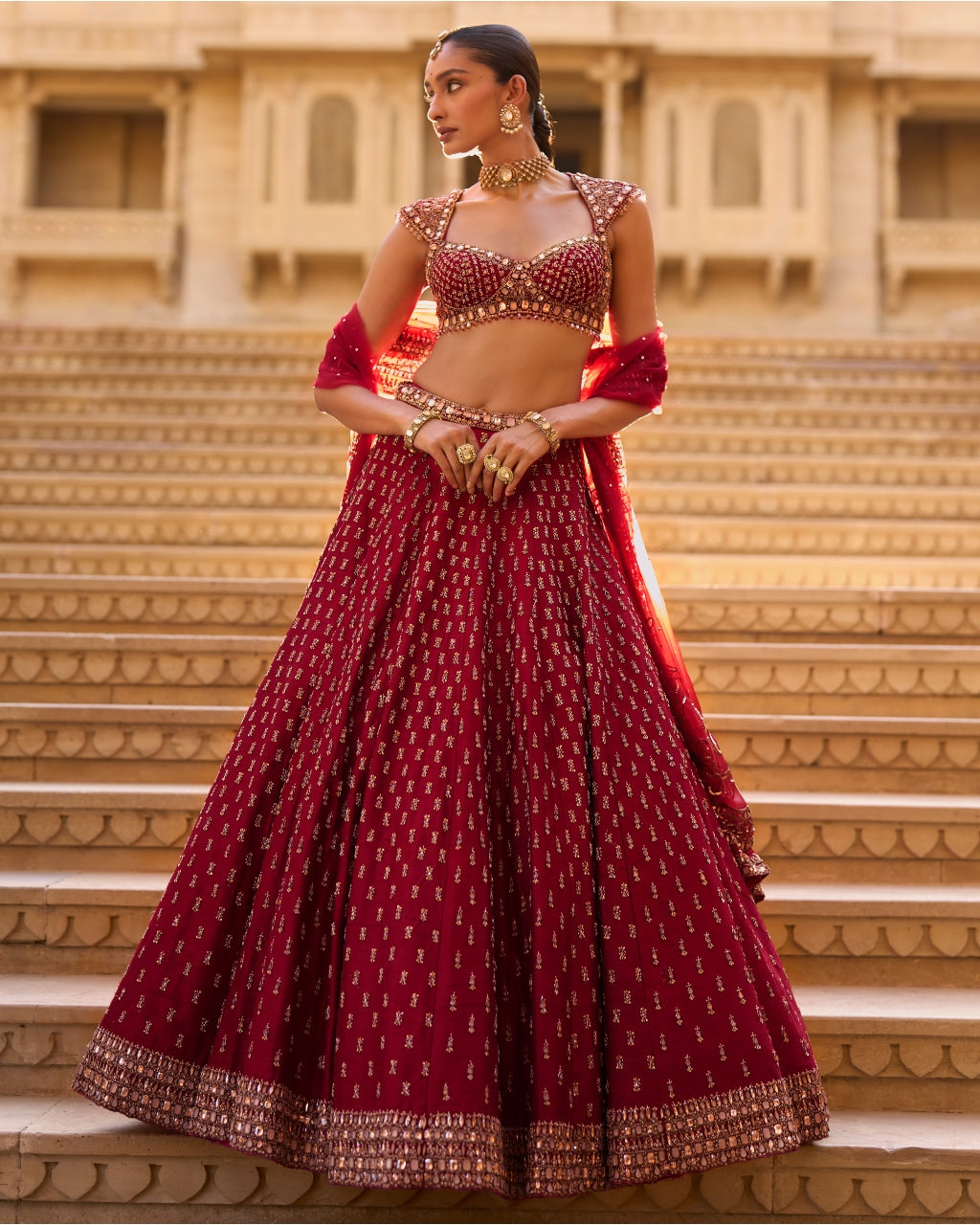 Dark Red Gold Zardosi Lehenga Set By KYNAH, Luxury Indian Fashion & Bridal Wear