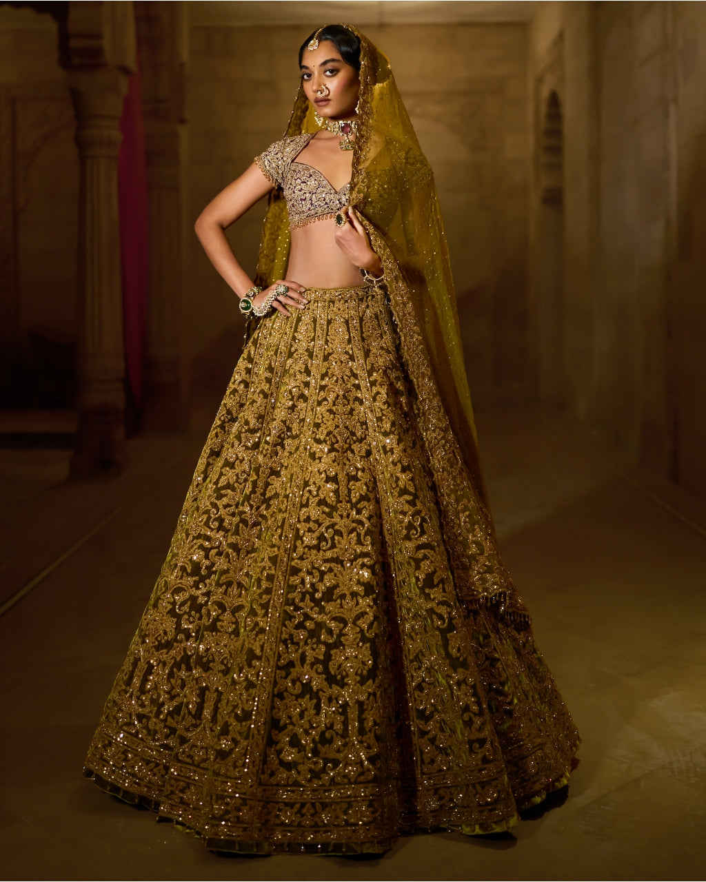 Green Velvet Zardosi Lehenga Set By KYNAH, Luxury Indian Fashion & Bridal Wear
