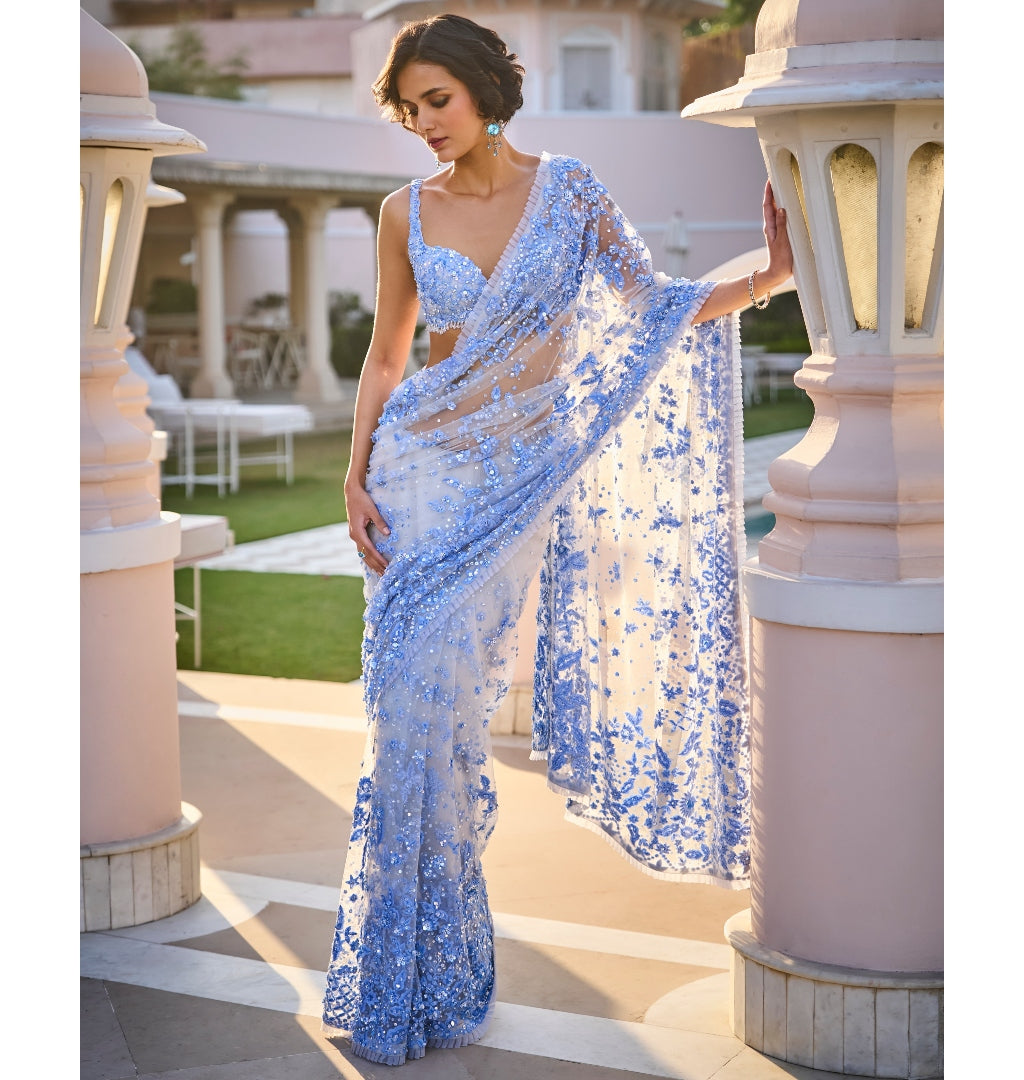 Powder Blue Three - Dimensional Floral Sari By KYNAH, Luxury Indian Fashion & Bridal Wear