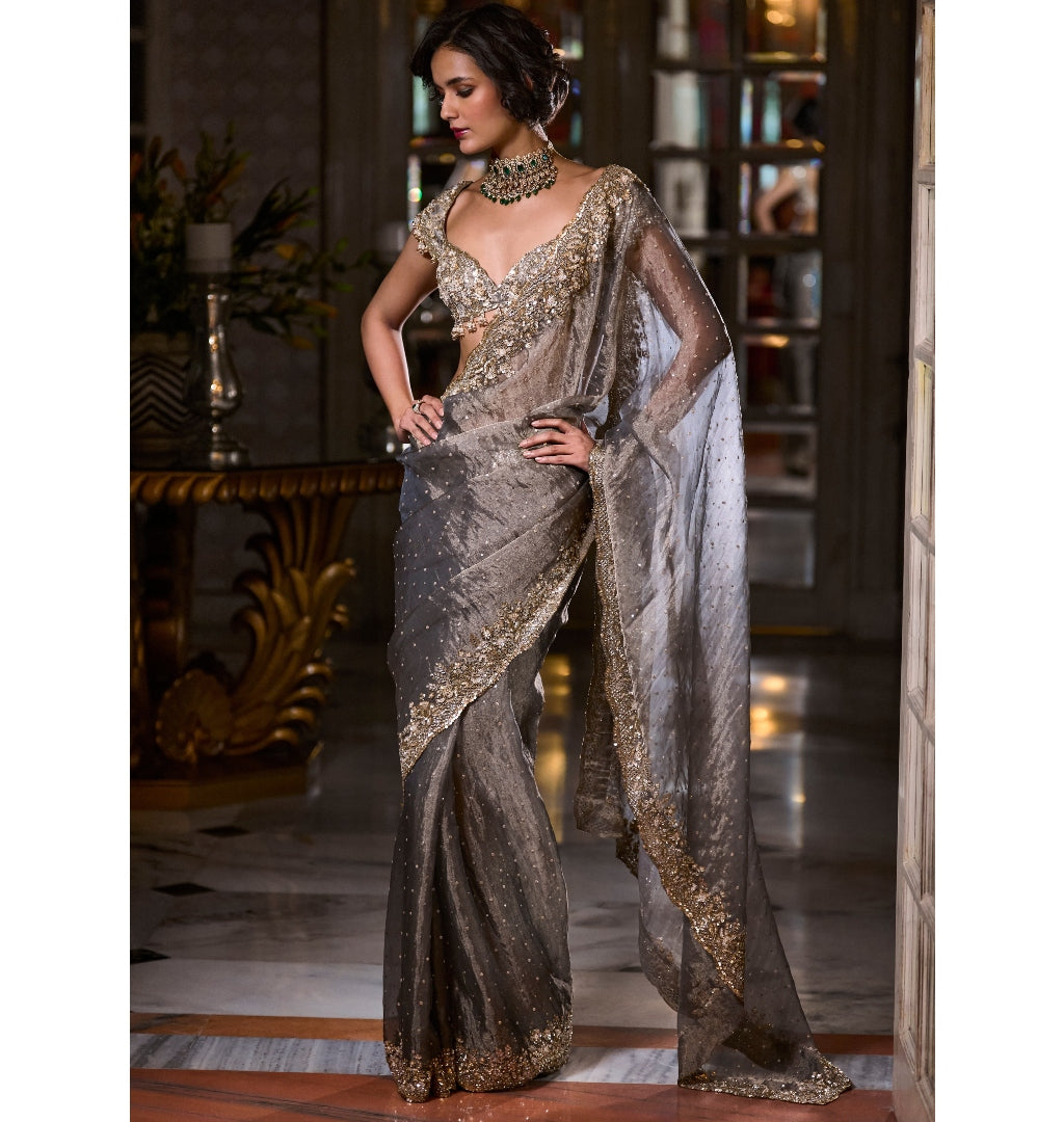 Stone Grey Tissue Organza Sari By KYNAH, Luxury Indian Fashion & Bridal Wear
