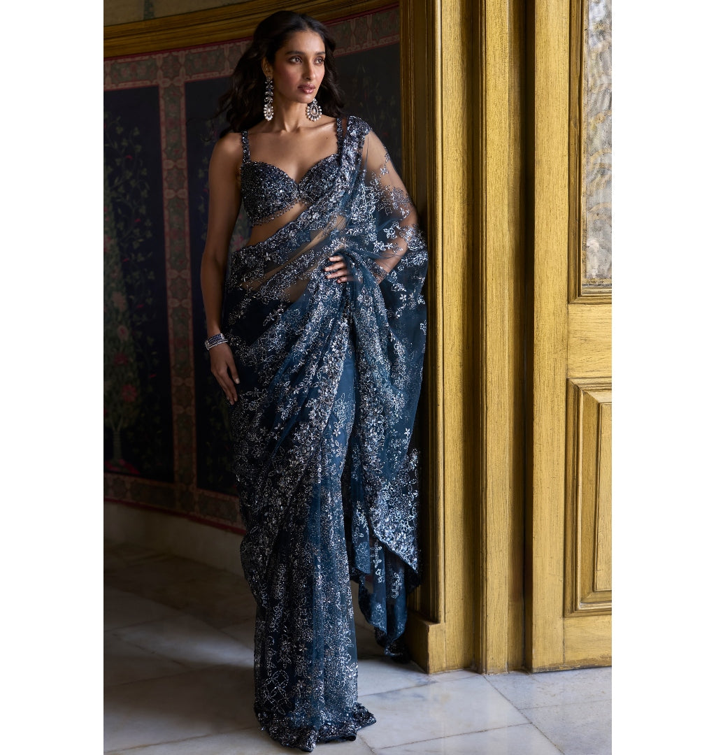 Teal Blue Sequin Sari By KYNAH, Luxury Indian Fashion & Bridal Wear