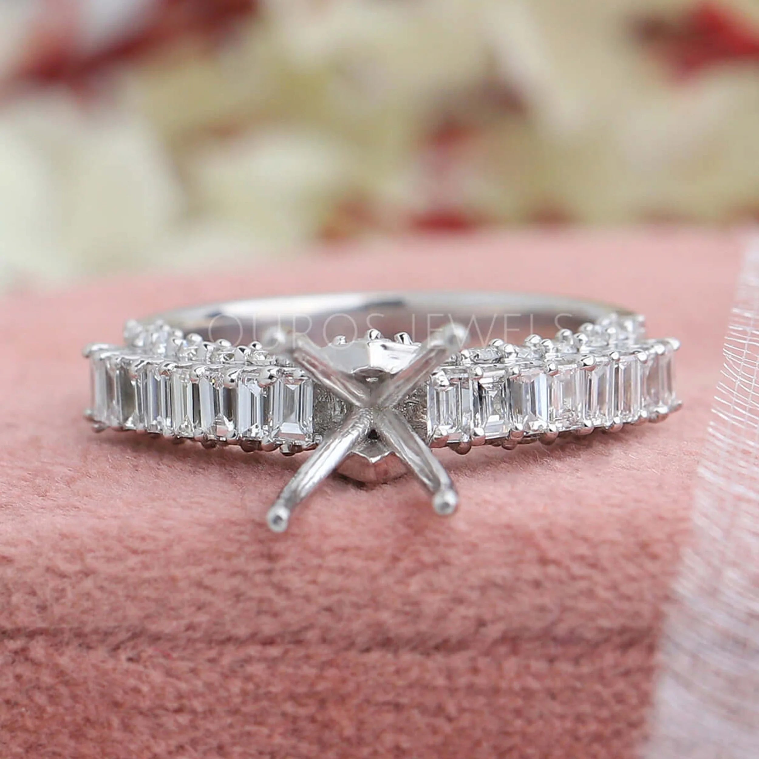 Semi Mount Baguette Cut Accent Diamond Engagement Ring