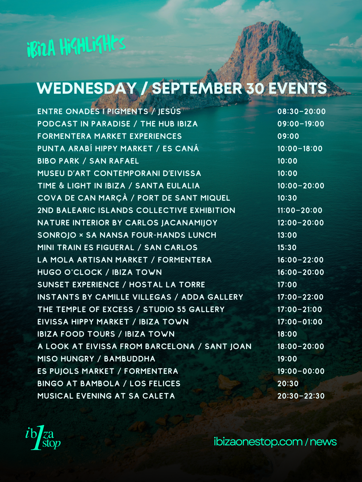 Eventos del miércoles 30 de septiembre de 2026 en Ibiza y Formentera: Punta Arabí, Cosmic Sound, mercados, arte, Podcast in Paradise y mucho más