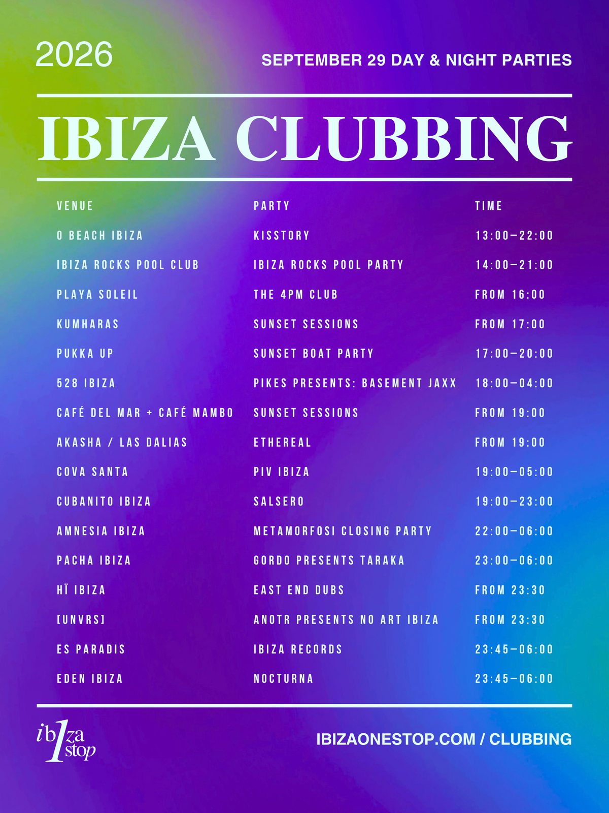 September 29, 2026 Ibiza Parties at UNVRS, Hï Ibiza, Amnesia, Pacha, 528 Ibiza, Cova Santa & More: ANOTR, Prospa, Hot Since 82, Joseph Capriati, Gordo & More