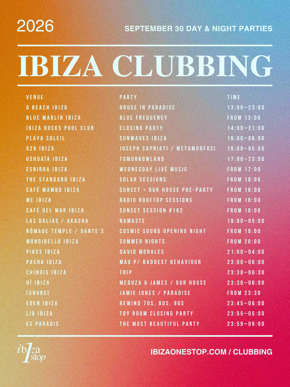 September 30, 2026 Ibiza Parties at UNVRS, Ushuaïa, Hï Ibiza, Pacha, 528 Ibiza, Chinois, Cova Santa, Pikes & More: Paradise, Dimitri Vegas & Like Mike, MEDUZA, James Hype, Mau P & More