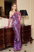 Slashed Sequin Halter Neck Gown with Lace Gloves