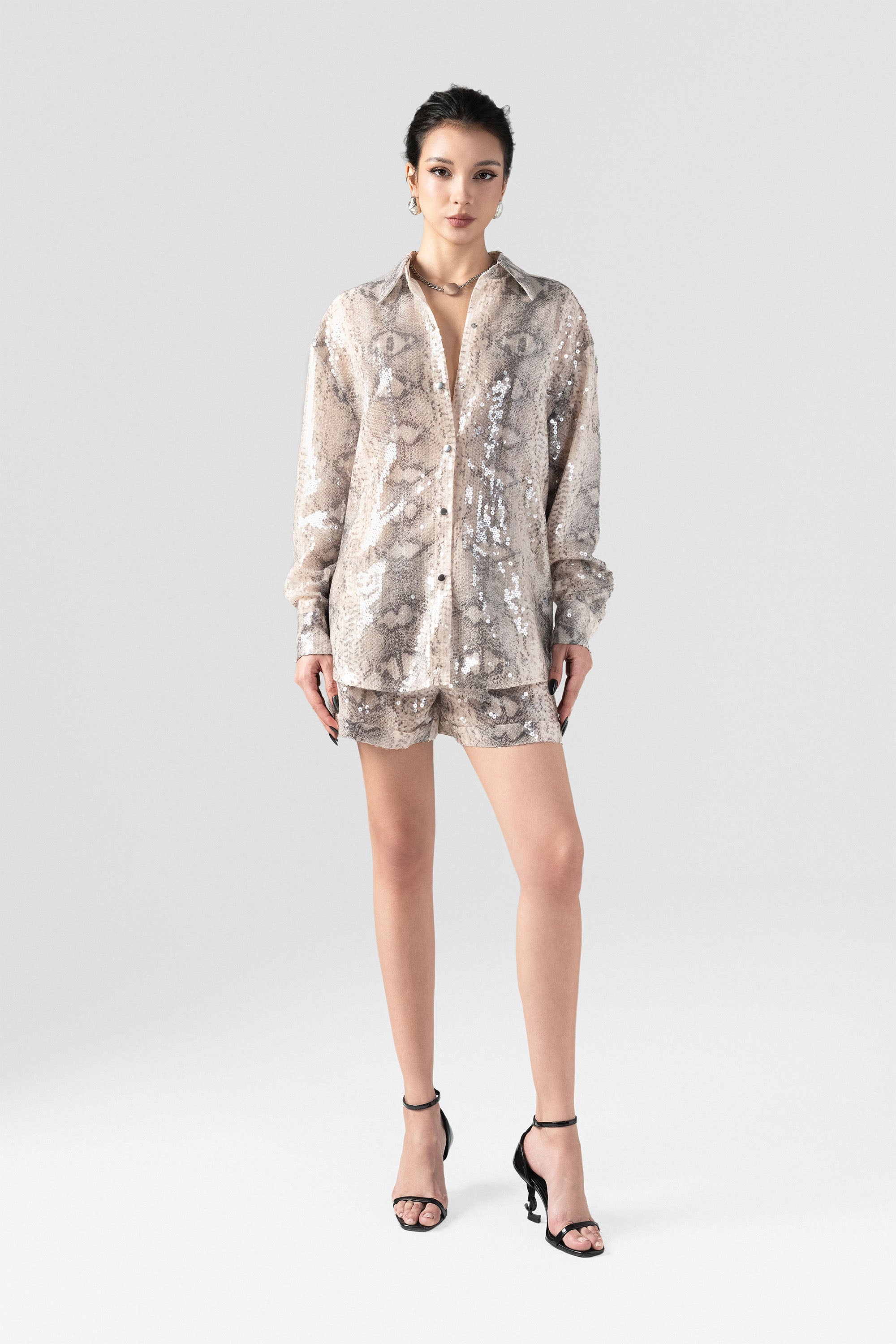 Dominatrix Sequin Shirt and Snakeskin Short Pants Set