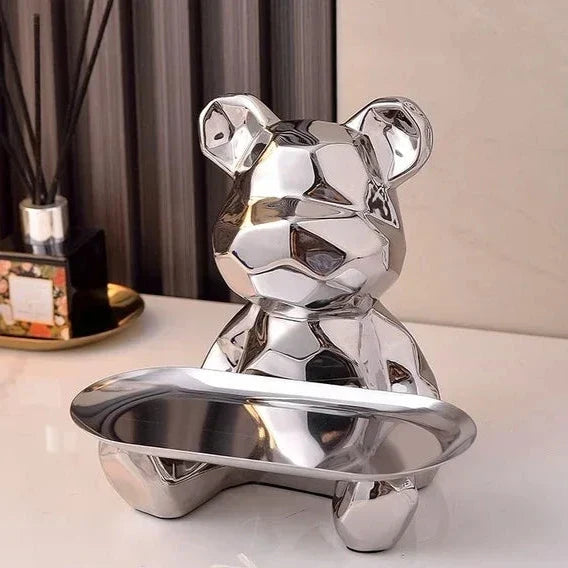 ArtZ® Ceramic Geometric Bear Sculpture Tray And Piggy Bank - Silver Tray Down