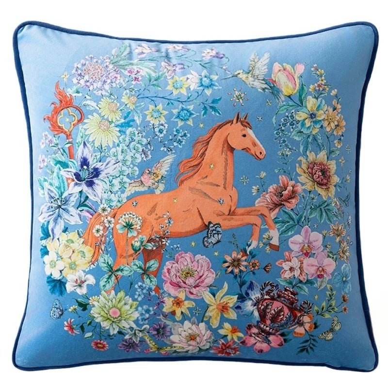 Bluegrass Gallop Velvet Floral Horse Throw Pillow