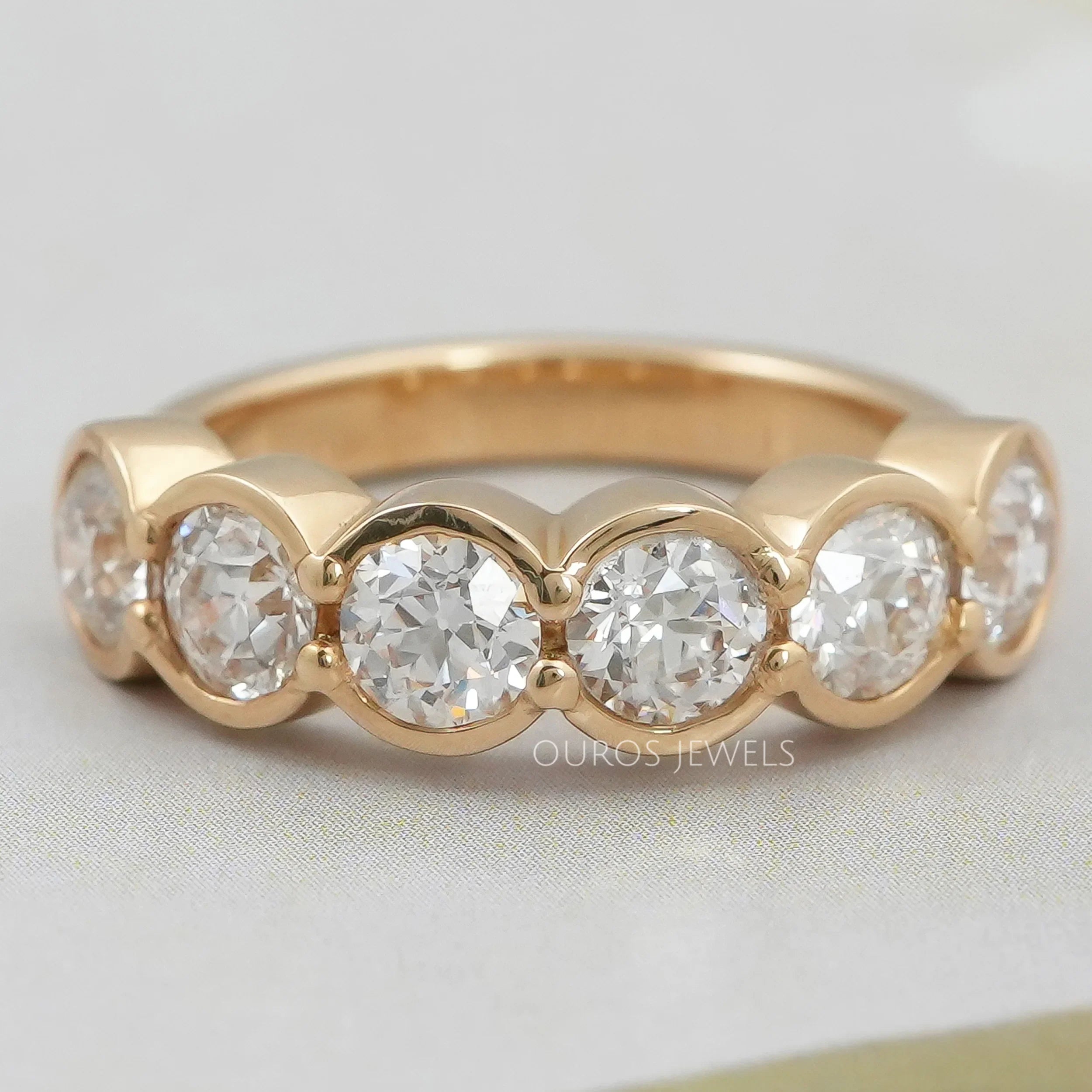 Six Stone Old European Round Diamond Bezel Set Wedding Band